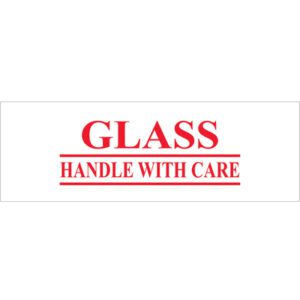 A white label shows GLASS HANDLE WITH CARE in bold red font, similar to the Tape Logic® Messaged Carton Sealing Tape, 2 x 55 yds., available in an 18-pack.