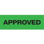 The image showcases a green rectangular sign with APPROVED in bold black, similar to the clear messaging on rolls of 2 x 55 yds. Tape Logic® Messaged Carton Sealing Tape (36 Rolls/Case).