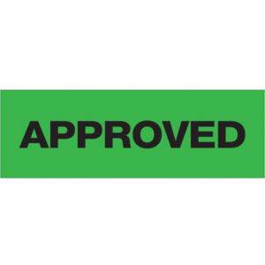 The image depicts a green rectangle with APPROVED in bold black letters, resembling the Tape Logic® Messaged Carton Sealing Tape—2 x 55 yds., Approved (6 Pack).