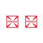 A pair of red and white FRAGILE labels with jagged edges warns of delicate items, akin to Tape Logic® Messaged Carton Sealing Tape. This sealing tape is ideal for any 2 x 55 yds. packaging needs, emphasizing caution effectively just like the label graphics.