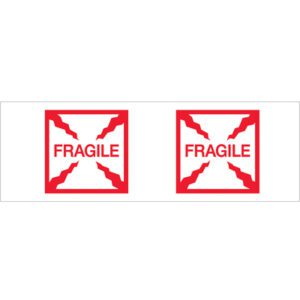 A pair of red and white FRAGILE labels with jagged edges warns of delicate items, akin to Tape Logic® Messaged Carton Sealing Tape. This sealing tape is ideal for any 2 x 55 yds. packaging needs, emphasizing caution effectively just like the label graphics.