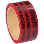 A partially unwound roll of 2 x 9 Red Tape Logic® Secure Tape Strips displays bold black SECURITY TAPE and DO NOT ACCEPT IF OPENED text. The exposed cardboard core hints at the robust assurance each strip in the 100-strip case provides.