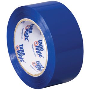 The 2 x 110 yds. Blue Tape Logic® Carton Sealing Tape gleams with a glossy surface, reflecting light and revealing its white core, proudly displaying the brands name in blue and red text.