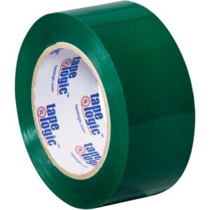 A roll from the Tape Logic® 2 x 110 yds. Green Carton Sealing Tape (6 Pack) shines with its thickness and vibrant hue as it unravels, revealing tape logic and the brands website on the inner core.