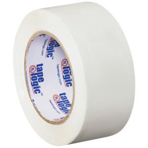 A roll of 2 x 110 yds. White Tape Logic® Carton Sealing Tape (36/Case) stands upright, featuring a smooth, glossy finish with tape logic printed on the inner core.