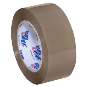 A roll of 2 x 110 yds. Tan Tape Logic® Lbs291 Industrial Tape stands upright against a white backdrop, its shiny surface reflecting light and the core showing a logo and website. Available in cases of 36 rolls, its your trusted choice for packaging solutions.