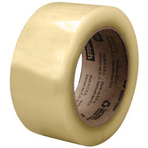 A shiny beige 2 x 110 yds. roll of 3M™ 3073 Carton Sealing Tape is available in a pack of six. Featuring brand details and recycling symbols on its cardboard core, its ideal for efficient sealing tasks.