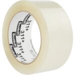 This 2 x 110 yds. Clear Scotch® Box Sealing Tape 311+ (36 Rolls/Case) features glossy, transparent tape with black logos and 311+ printed on the core, ideal for packaging.