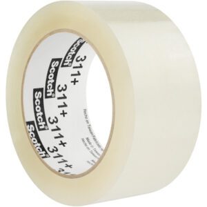 This 2 x 110 yds. Clear Scotch® Box Sealing Tape 311+ (36 Rolls/Case) features glossy, transparent tape with black logos and 311+ printed on the core, ideal for packaging.