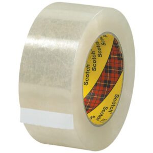 A partially unrolled roll of 2 x 55 yds. Clear Scotch® Box Sealing Tape 313 reveals its clear surface with a plaid-patterned inner core featuring Scotch in black on yellow, perfect for efficient box sealing.