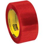 A roll of red Scotch tape with yellow interior and visible branding, plus the 2 x 110 yds. Clear (6 Pack) 3M™ 3199 Security Tape, ideal for package security.