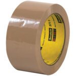 The 6-pack of 2 x 110 yds. Tan Scotch® Box Sealing Tape 371 features a glossy surface, with the iconic plaid design on the inner core displaying the brand name, and is partially unrolled with its adhesive side tucked inward.