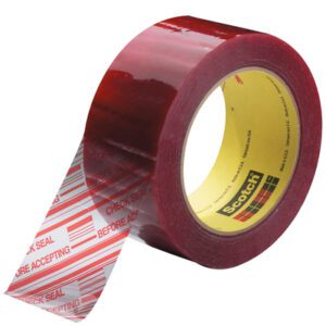 The 2 x 110 yds. Clear (6 Pack) 3M Security Message Box Sealing Tape 3779 unrolls, revealing CHECK SEAL BEFORE ACCEPTING in white and red. Featuring a glossy finish and yellow core with the Scotch logo, it ensures secure packaging with every seal.