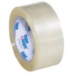 The pack of six 2 x 110 yds. Tape Logic® Lbs400 Industrial Tape is shown with branding on the inner ring. The glossy, clear tape is slightly unrolled to reveal its adhesive surface, ideal for all your packing needs.