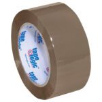 The 2 x 110 yds. Tan Tape Logic® Lbs400 Industrial Tape (6 Pack) stands upright with a glossy finish and a white core featuring the tape logic logo in blue and red, perfect for heavy-duty tasks, set against a pristine white background.