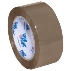 The 2 x 110 yds. Tan Tape Logic® Lbs400 Industrial Tape (6 Pack) stands upright with a glossy finish and a white core featuring the tape logic logo in blue and red, perfect for heavy-duty tasks, set against a pristine white background.