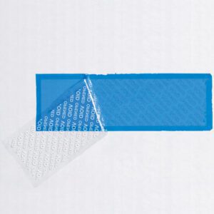 The 2 x 5 3/4 Blue Tape Logic® Security Strips on a roll reveal VOID when peeled, feature a transparent section, and are set against white. They come in cases of 24 rolls.