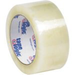 A roll of 2 x 110 yds. Clear Tape Logic® Lbs6651 Cold Temperature Tape, with a white and blue tape logic logo on the inner cardboard ring, partially unravelled and ready for use.