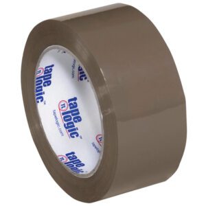 The 2 x 110 yds. Tan Tape Logic® Lbs700 Economy Tape (6 Pack) has a white label with tape logic in blue/red, and its adhesive side is ideal for everyday packaging.