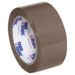 A roll of 2 x 110 yds. Tan (6 Pack) Tape Logic® Lbs900 Economy Tape sits in its packaging, with a glossy finish and Tape Logic branding on the inner core, elegantly angled.
