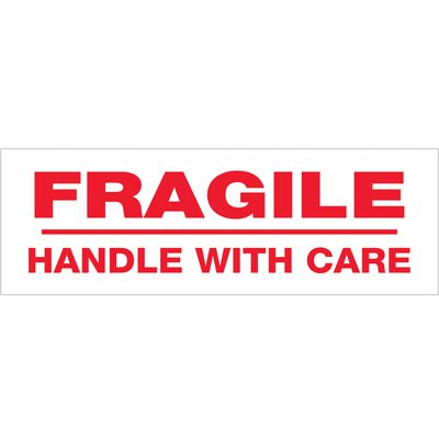 T902P0218PK.jpg The label of the Tape Logic® Messaged Carton Sealing Tape, featuring bold red text on a white background, reads FRAGILE and HANDLE WITH CARE. Its ideal for securing packages like the 2 x 110 yds. - Fragile Handle With Care (18 Pack) tape.