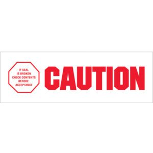 The 2 x 110 yds. Tape Logic® Messaged Carton Sealing Tape features CAUTION in bold red letters and a red octagon with IF SEAL IS BROKEN CHECK CONTENTS BEFORE ACCEPTANCE, ensuring secure box sealing.