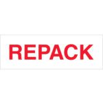 A white rectangular sign with REPACK in bold red letters resembles the 2 x 110 yds. Tape Logic® Messaged Carton Sealing Tape: Repack (18 Pack).