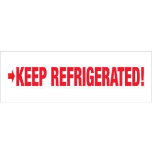 The labels bold red KEEP REFRIGERATED! message with a left-pointing arrow mirrors the 2 x 110 yds. Tape Logic® Keep Refrigerated Messaged Carton Sealing Tape (36/Case).