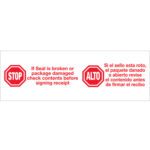 The 2 x 110 yds. Tape Logic® Stop / Alto Sealing Tape features a bilingual warning with red stop signs: Left - STOP. If Seal is broken or package damaged, check contents before signing receipt. Right - ALTO. Si el sello está roto o el paquete dañado, revise el contenido antes de firmar el recibo.