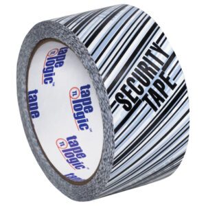 The 2 x 110 yds. Tape Logic® Security Tape (6 Pack) features a bold black and white striped pattern with SECURITY TAPE displayed prominently and the blue and red brand logo on the inner roll.