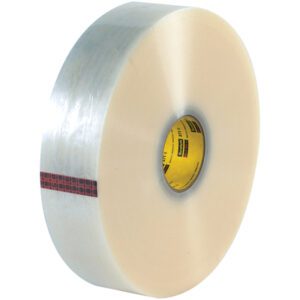 A large roll of 3 x 1000 yds. Clear 3M™ 371 Carton Sealing Tape (4/Case), featuring a yellow inner core and red stripe, stands upright against a white background, providing durability and reliability for packaging needs.