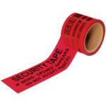 The 3 x 60 yds. Red Tape Logic® Secure Tape features black text: SECURITY TAPE. IF WORD OPENED APPEARS DO NOT ACCEPT PARCEL, guaranteeing safety with its bold warning when partially unrolled.