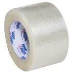 A roll from the 3 x 110 yds. Clear (6 Pack) Tape Logic® Lbs291 Industrial Tape featuring a white core with tape logic. The glossy tape is slightly unrolled, perfect for easily securing packages.