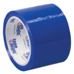 A roll of 3 x 55 yds. Blue Tape Logic® Carton Sealing Tape stands upright against a white background, its glossy texture highlighted by the label. Ideal for package sealing, this dependable product comes in a case of 24 rolls.