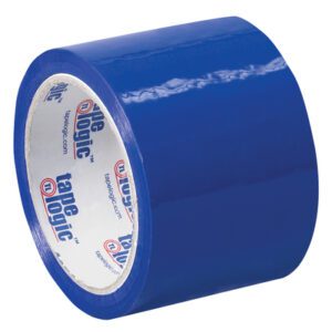 A roll of glossy blue Tape Logic® carton sealing tape, 3 x 55 yds. (6 Pack), stands upright with a white inner core showing the blue and red logo. Its smooth, strong surface is adhesive, making it ideal for reliable carton sealing.