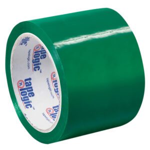 The 3 x 55 yds. Tape Logic® carton sealing tape comes in a 6-pack and features a glossy green finish with brand labels on the inner ring, ideal for secure packaging.