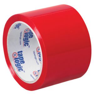A pack of six Tape Logic® carton sealing tapes, each 3 x 55 yds., features glossy red tape with tape logic on the inner core, showcasing a vibrant color and smooth surface.