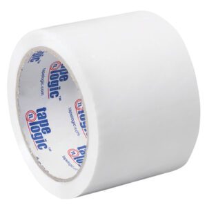 A roll of 3 x 55 yds. white Tape Logic® carton sealing tape features a signature blue and red logo on the core, with a glossy finish ideal for secure packaging. Each case contains 24 rolls.
