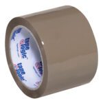 The 3 x 55 yds. Tan Tape Logic® Lbs291 Industrial Tape, featuring a glossy finish and durable build for package sealing, includes a white inner label with a blue and red logo. Each case contains 24 rolls.