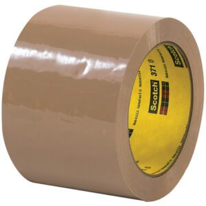 A case contains 24 rolls of 3 x 110 yds. Tan Scotch® Box Sealing Tape 371, ideal for packaging needs. The glossy tape features the logo and details on the inner label, with adhesive tucked inside.