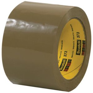 A 6-pack of Scotch® Box Sealing Tape 373, glossy tan, measures 3 x 55 yds. Its yellow core label displays the brand and product number with the side visible to viewers.