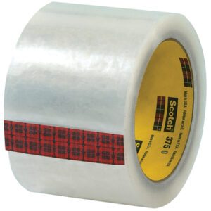 A 3 x 55 yds. Scotch® Box Sealing Tape 375, featuring a distinctive yellow core and red plaid branding, is displayed upright in a transparent (6 Pack).