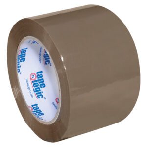 A 3 x 110 yds. Tan Tape Logic® Lbs400 Industrial Tape stands upright with a white label featuring blue and red tape logic text. Its essential for industrial use, comes in cases of 24, and has a glossy finish.