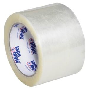 The 3 x 110 yds. Clear Tape Logic® Lbs600 Economy Tape has a white inner core with Tape Logic branding visible through its translucent layers and comes in cases of 24 rolls.