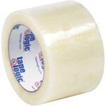 The 3 x 110 yds. Clear (6 Pack) Tape Logic® Lbs6651 Cold Temperature Tape has a white core with blue tape logic branding. Its glossy finish reflects light, ideal for secure packaging in cold conditions.