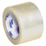 The 3 x 110 yds. Clear Tape Logic® Lbs700 Economy Tape (6 Pack) features a brand label in blue and red inside its core, highlighting its transparent quality ideal for packaging.