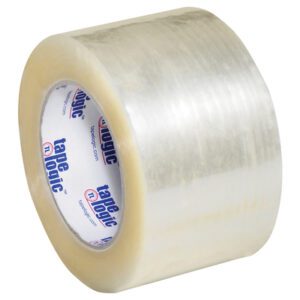 The 3 x 110 yds. Clear Tape Logic® Lbs900 Economy Tape has a white inner core with the signature blue and red logo. This partially transparent packing tape is smooth and cylindrical, available in a case of 24 rolls—ideal for all your packaging needs.