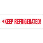 A white sign with bold red text reading KEEP REFRIGERATED! and a right-pointing red arrow resembles the Tape Logic® 3 x 110 yds. Keep Refrigerated carton sealing tape, sold in cases of 24 rolls.