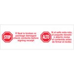 The 3 x 110 yds. Tape Logic® Messaged Carton Sealing Tape features a bilingual STOP/ALTO message in red octagon signs. Ideal for sealing, if the seal is broken or package damaged, inspect contents before signing. Available in a 6 Pack.