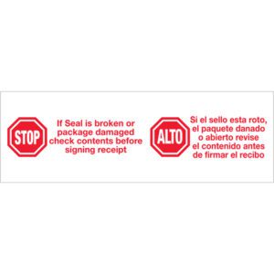 The 3 x 110 yds. Tape Logic® Messaged Carton Sealing Tape features a bilingual STOP/ALTO message in red octagon signs. Ideal for sealing, if the seal is broken or package damaged, inspect contents before signing. Available in a 6 Pack.